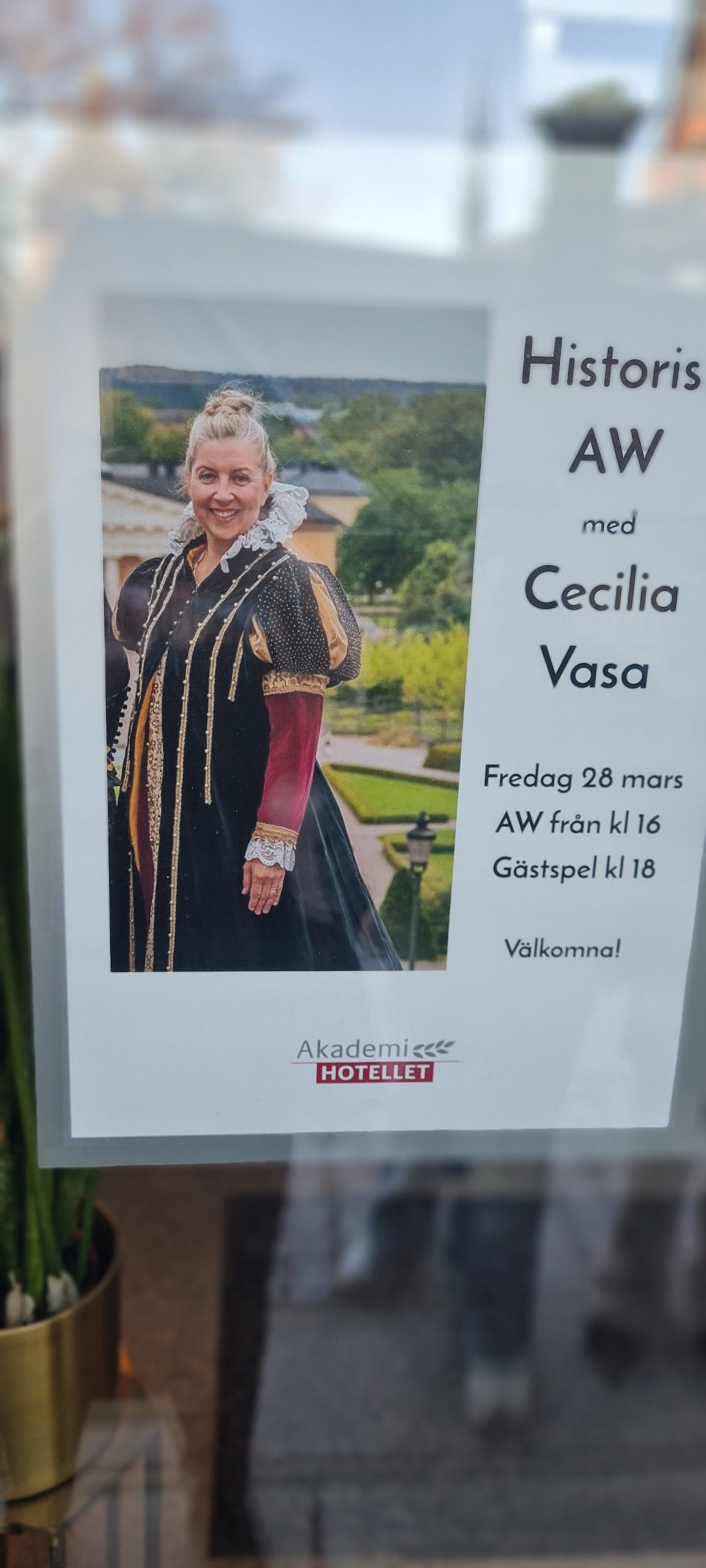 Både på dörren och på Facebook evenemang kan man läsa om AW med Cecilia Vasa på Akademihotellet i Uppsala. 