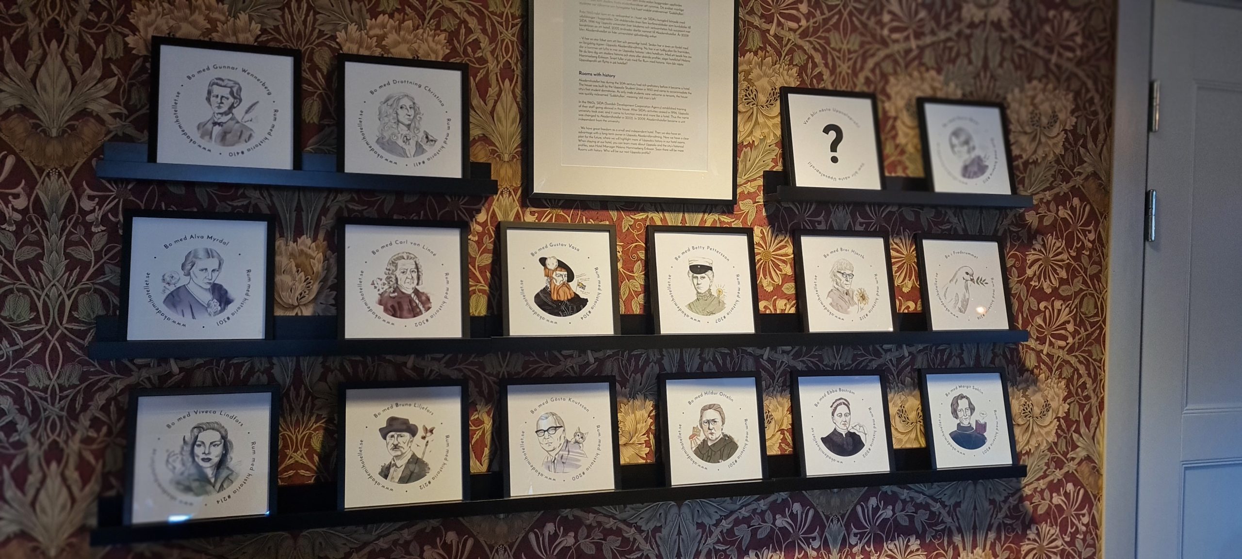 Här ser vi alla som har ett eget hotellrum på Akademihotellet i Uppsala. Ni ser bland annat Carl von Linné, Bror Hjort och Gustav Vasa.